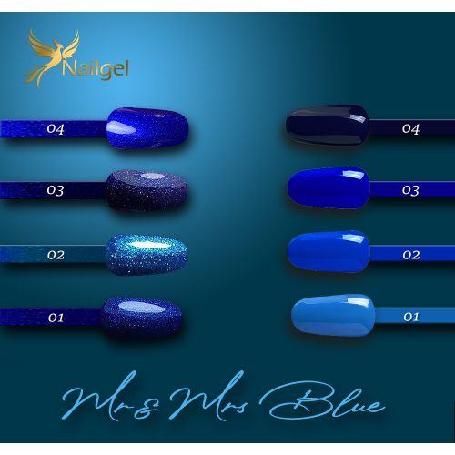 Colección de esmaltes en gel Mrs&Mr Blue con 8 geles y un regalo: una rueda de muestra (margarita).